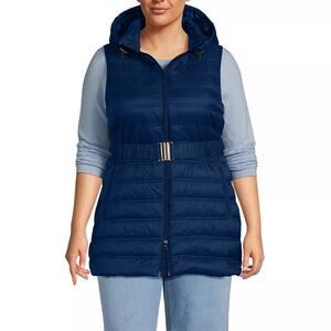Lands End Packable Down Filled Hooded Belted Long Vest Navy Blue women’s plus 1X